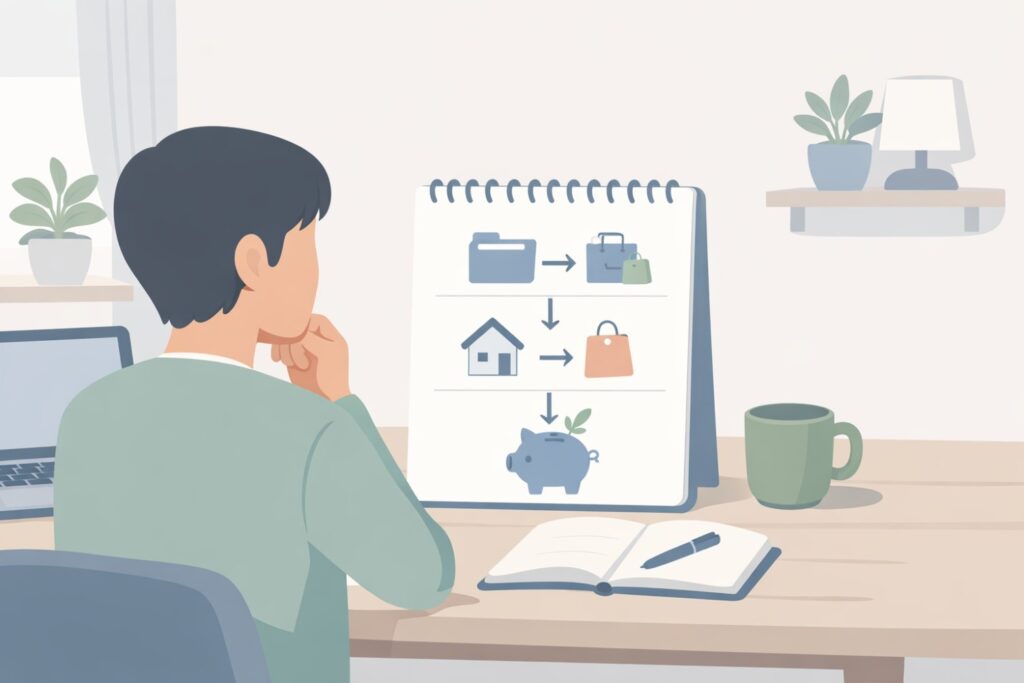An educational illustration showing financial clarity for beginners. Split-scene design: on one side, a cluttered thought bubble with unclear expense icons; on the other side, a clean organized layout showing income, expenses, and savings clearly labeled. Person in the center looking calm and confident. No money stacks, no charts with numbers, no stress visuals. Soft neutral colors, flat illustration style, simple icons. Focus on understanding and awareness, not control or restriction. Professional, beginner-friendly, minimal design. Aspect ratio: 3:2 or 4:3 Style: Educational flat illustration