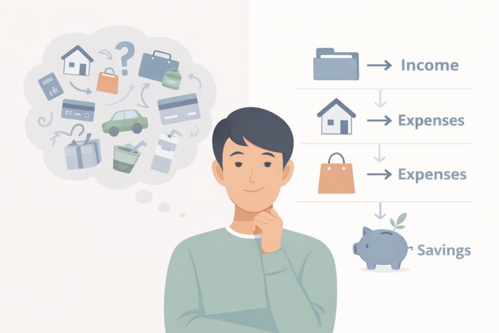 Visual explanation of financial clarity for beginners through awareness and organization